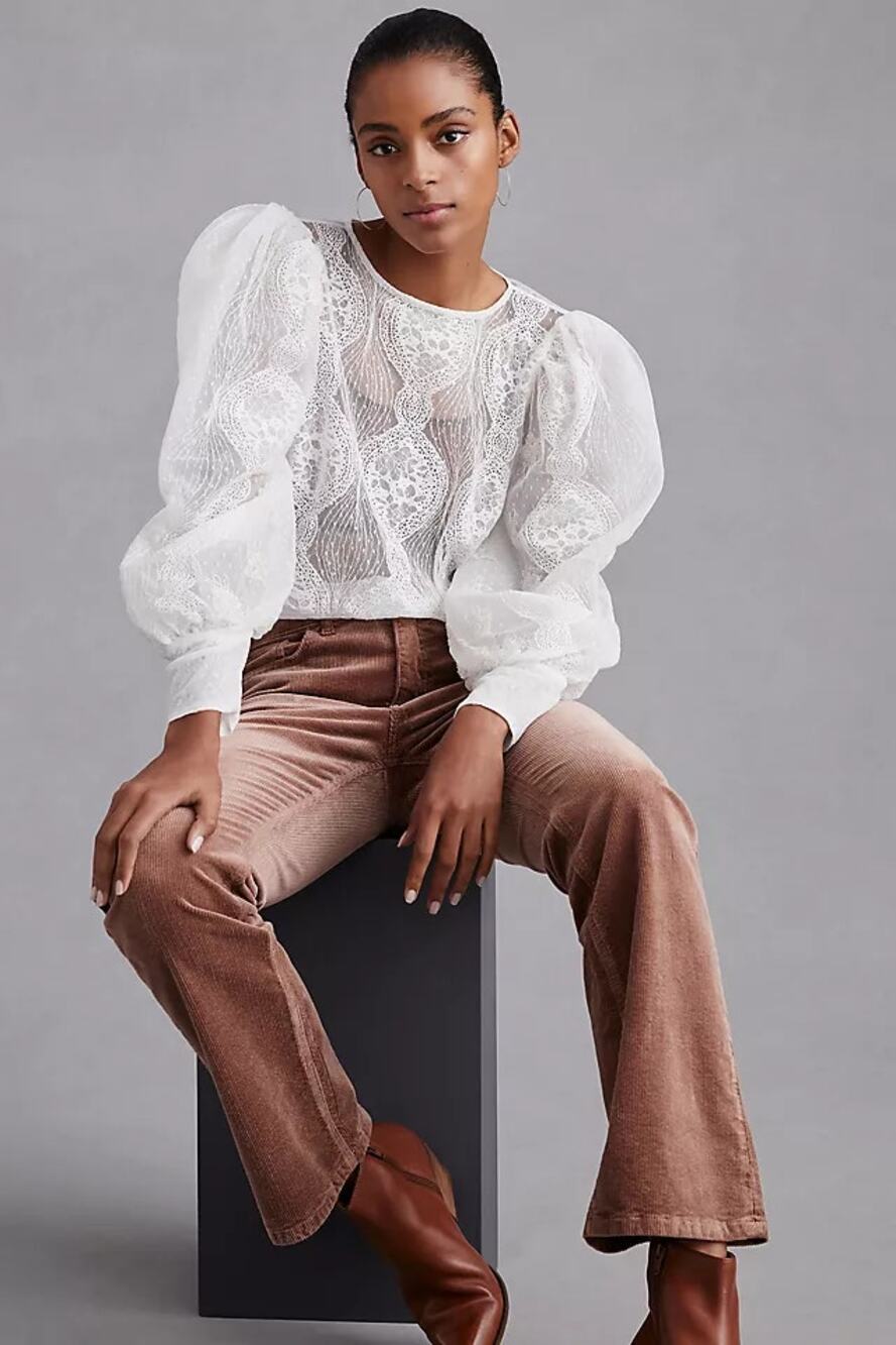 Forever That Girl Long Sleeve Round Neck Sheer Lace Beaded Blouse White Women XS